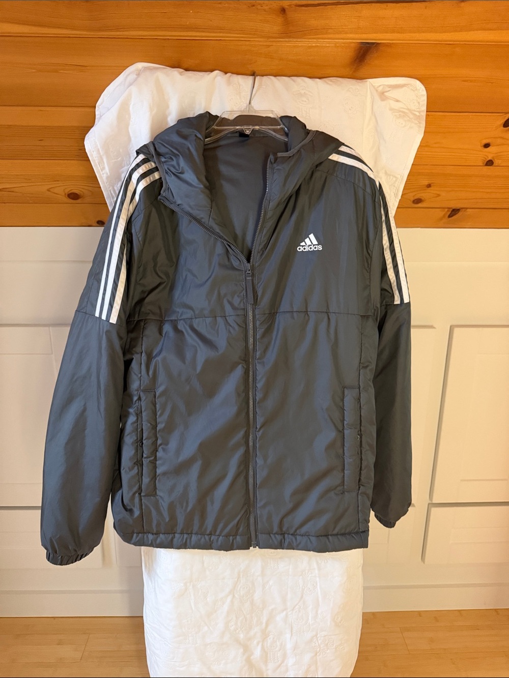 adidas Gray Hooded Puffer Jacket with White Stripes